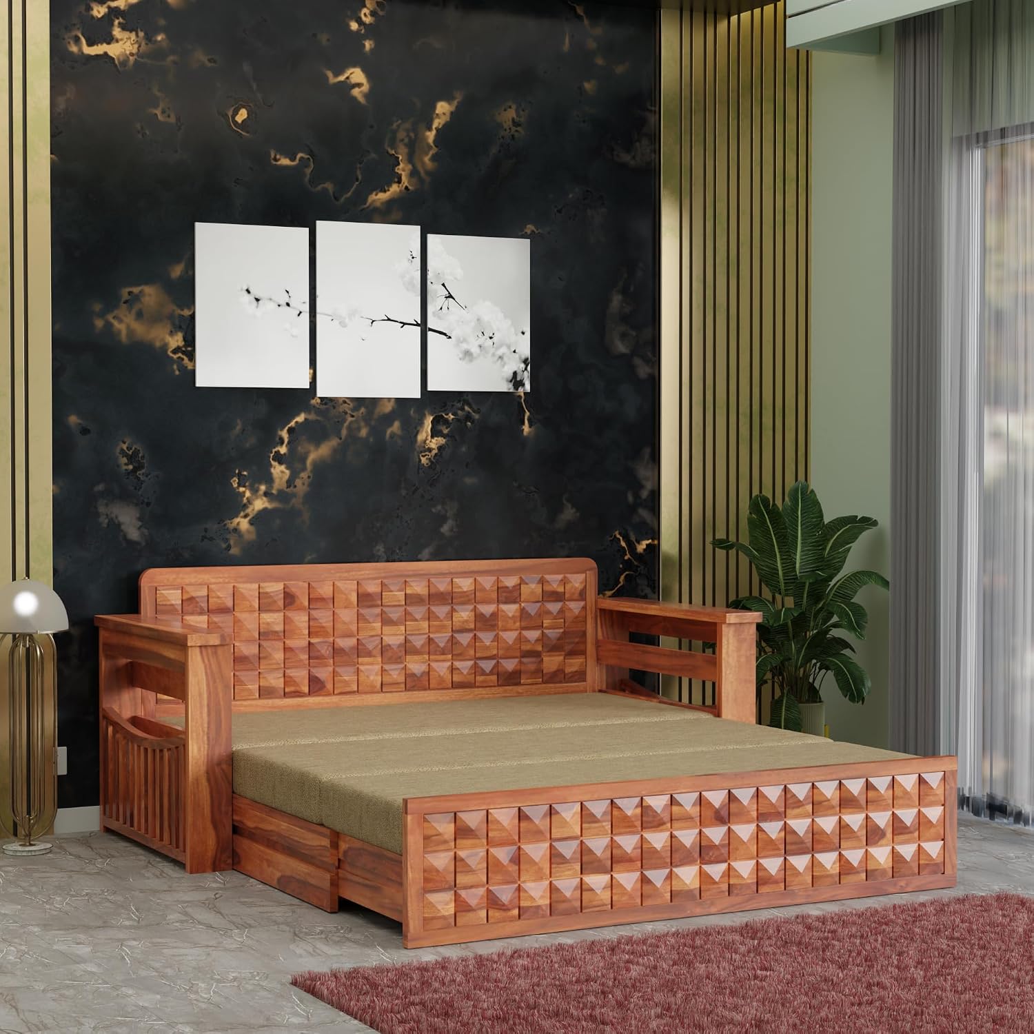 81BgqKP772L._SL1500_ Solid Sheesham Wood 3 Seater Sofa Cum Bed | Walnut Finish with Storage - Image 1
