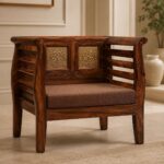 Solid Sheesham Wood Single Seater Sofa | Honey Finish | Cushioned Wooden Lounge Chair