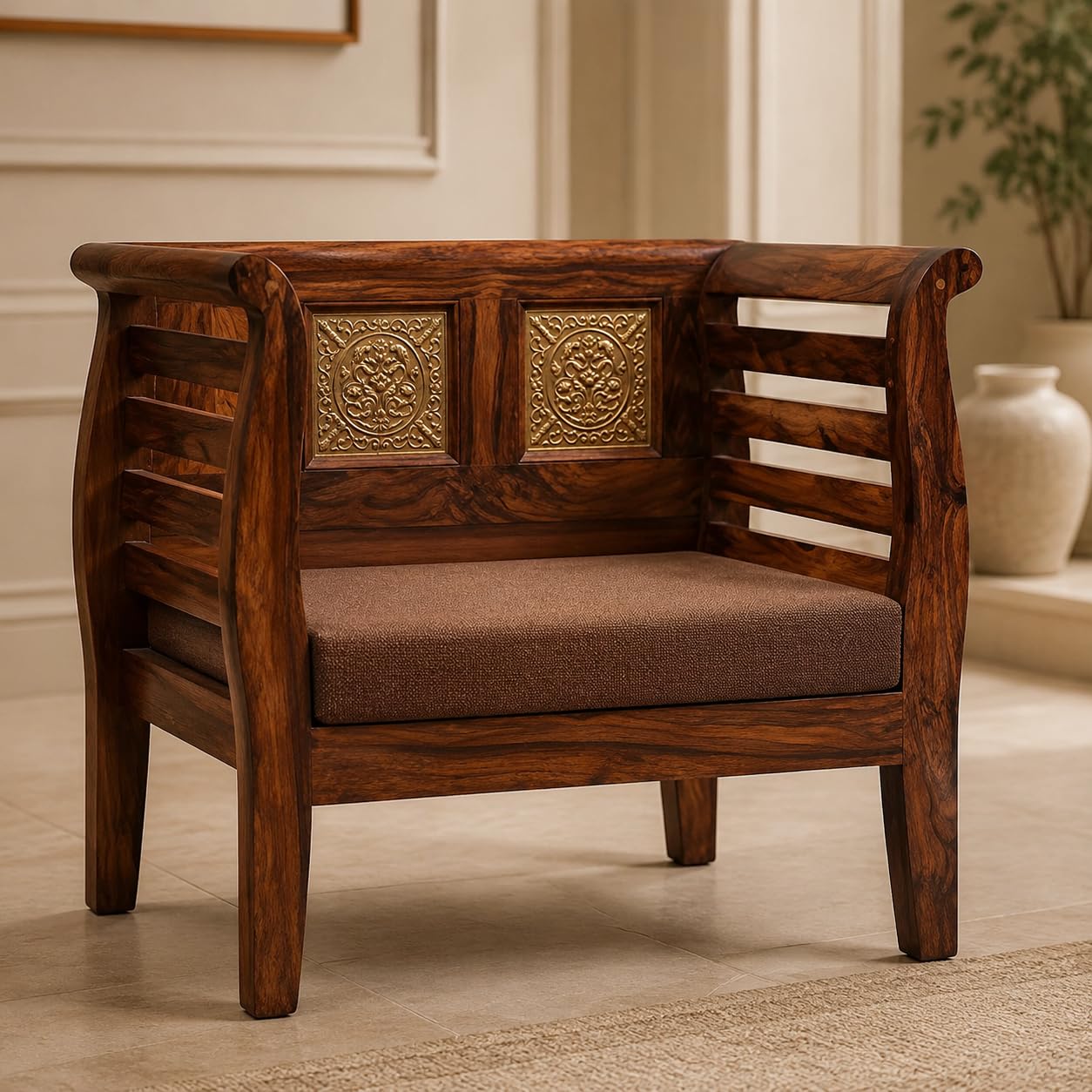 71mHvVQGcRL._SL1254_ Solid Sheesham Wood Single Seater Sofa | Honey Finish | Cushioned Wooden Lounge Chair - Image 1