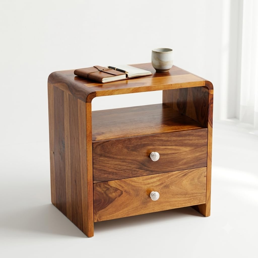 51RmRJI85L.jpg RASWOOD Sheesham Wood Bedside Table with Drawer & Shelf – Brown Finish - Image 1