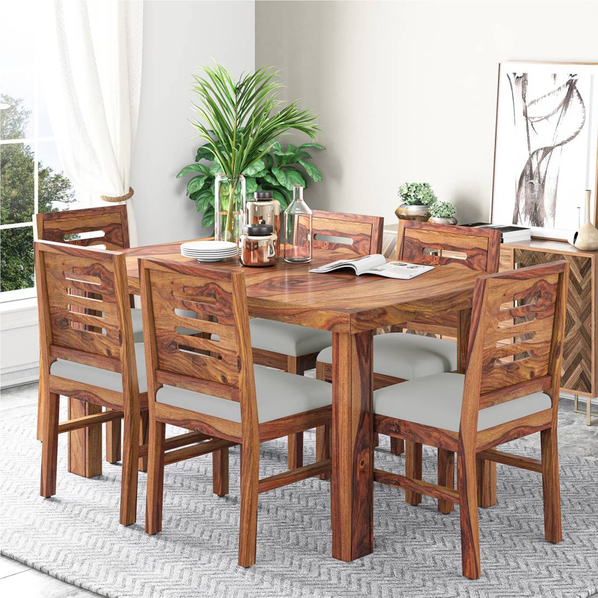 81-03m7ivHL.jpg RASWOOD Sheesham Wood 6 Seater Dining Table – Natural Teak Finish - Image 1