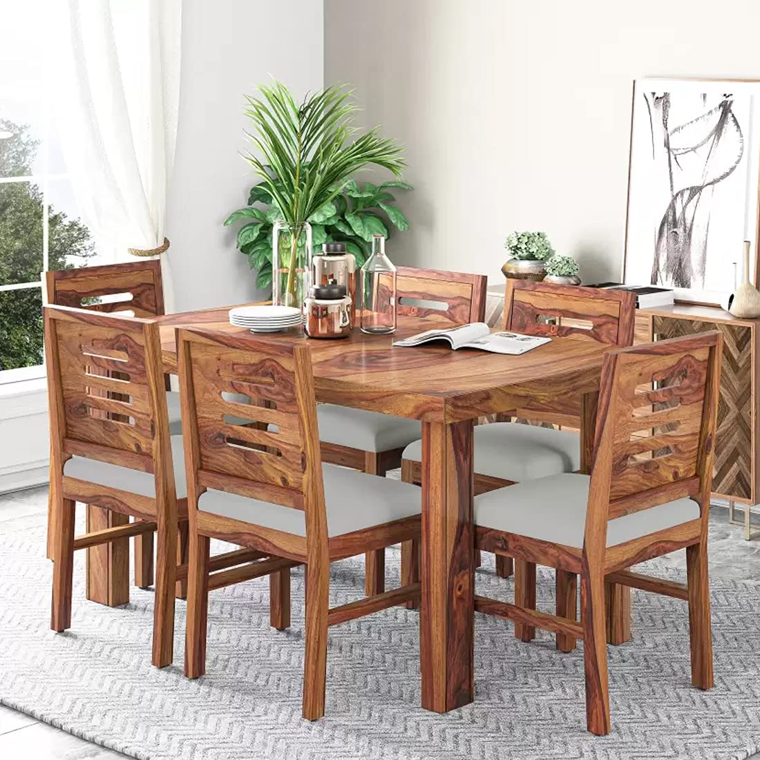 71AFefbk8LL.jpg RASWOOD Solid Sheesham Wood 6 Seater Dining Table – Teak Finish - Image 1