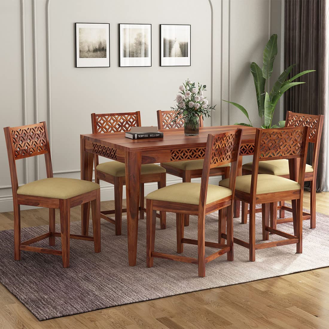 71JjUQ5RG7L.jpg RASWOOD Sheesham Wood 6 Seater Dining Table – Honey Teak Finish - Image 1