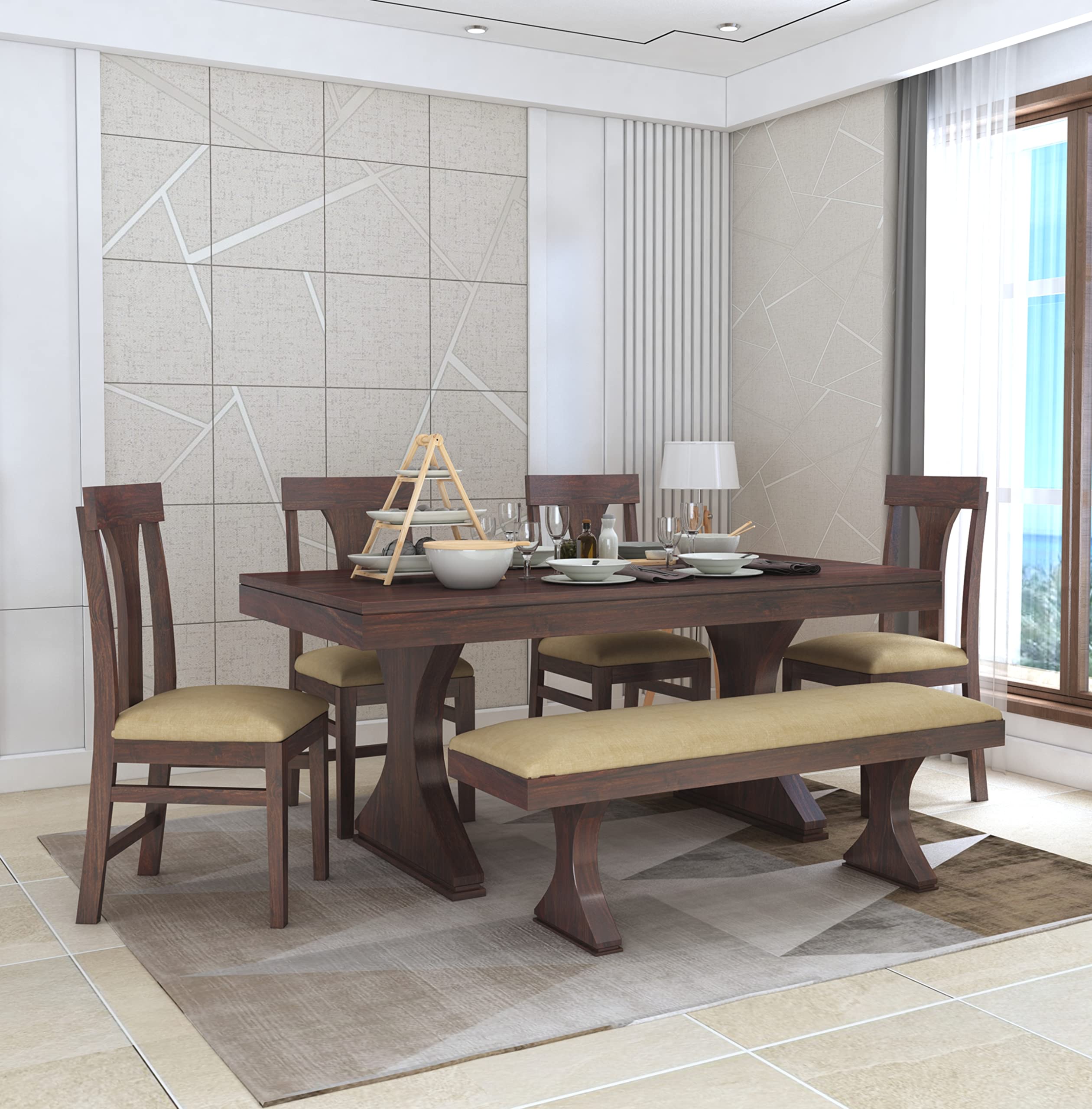 81HJsshosfL.jpg RASWOOD Solid Sheesham Wood 6 Seater Dining Table – Walnut Finish - Image 1