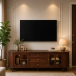 Minimalist walnut finish tv unit with storage for large screen tv in india