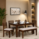 Aelmora Solid Sheesham Wood Dining Table Set for 6 with Bench in Classic Finish