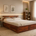 Naple Finish Queen Size Wooden Storage Bed with Modern Minimal Design