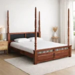 Haveli Four Poster Bed Without Storage in Classic Teak Finish by Woodmahal
