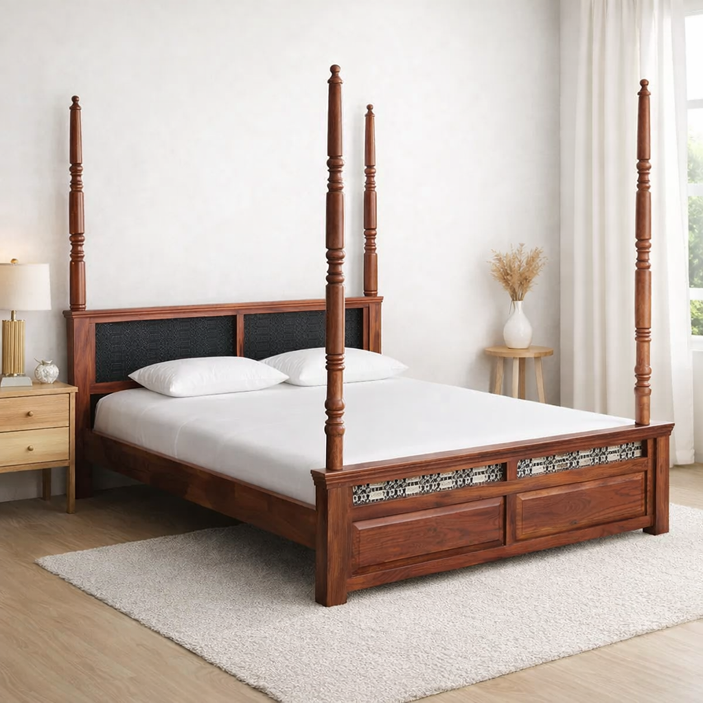Haveli-Four-Poster-Bed-Without-Storage-in-Classic-Teak-Finish-by-Woodmahal-classic-wood-1.webp Haveli Four Poster Bed Without Storage in Classic Teak Finish by Woodmahal - Image 1
