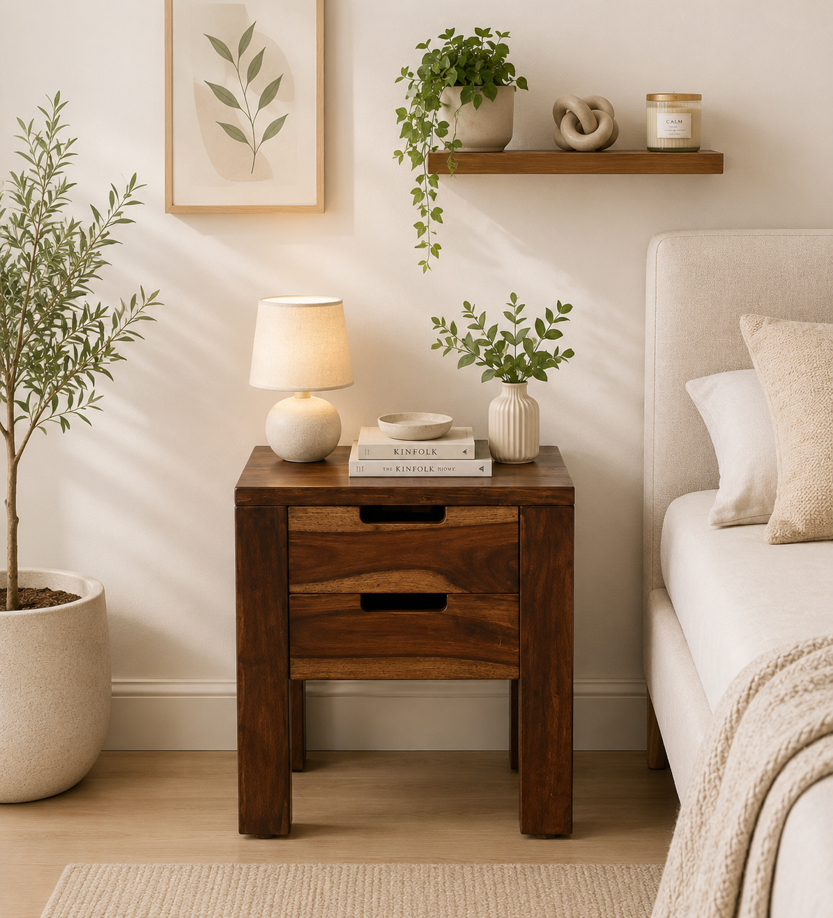 classic-wood.webp Queln Solid Wood Bedside Table in Mossy Stone Natural Finish - Image 1
