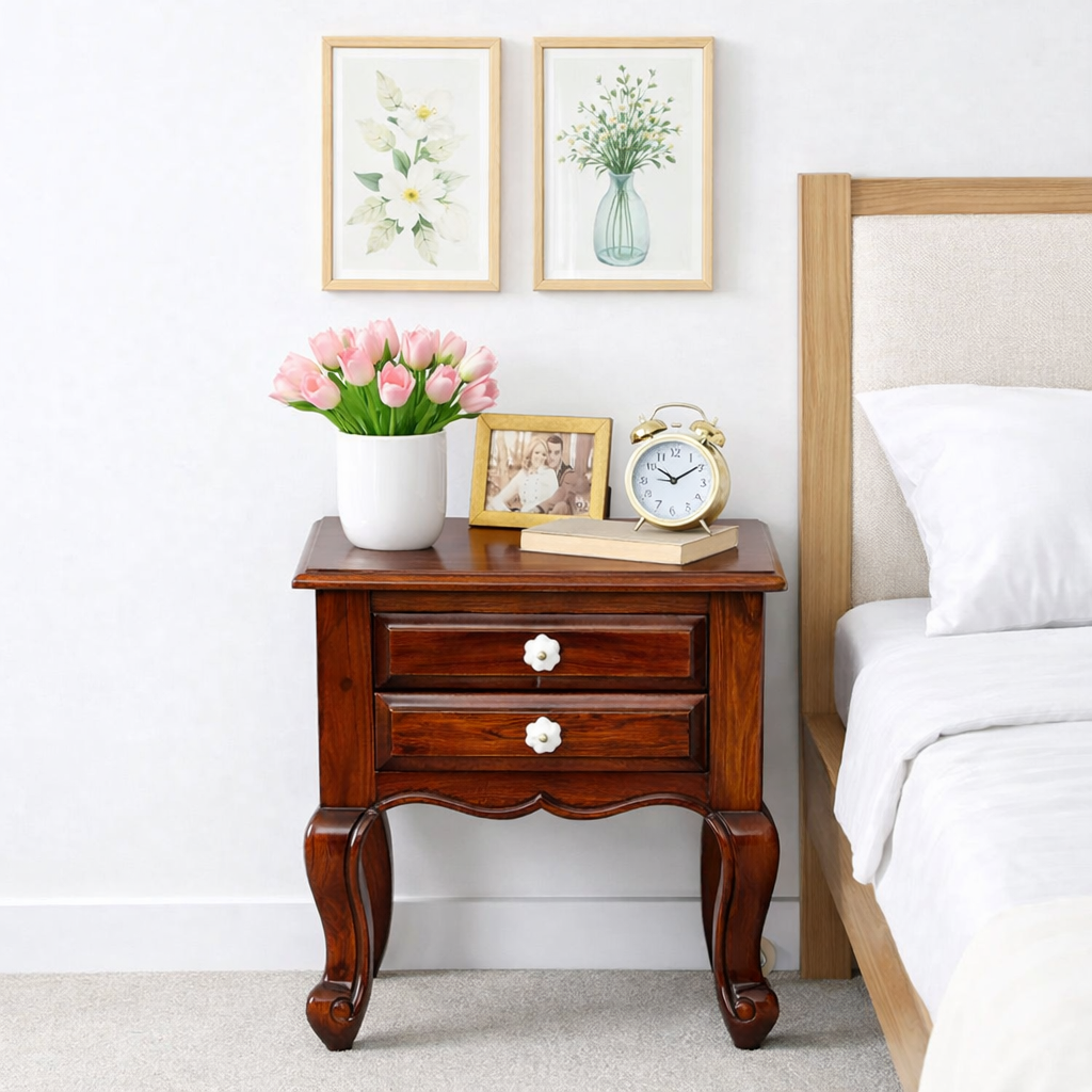 classic-wood-1-8.webp Daven Acacia Wood Nightstand in Golden Pebble Finish with Drawer - Image 1