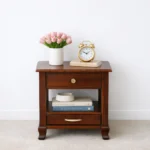 Troven Teak Wood Nightstand in Pale Flint Finish with Cabinet