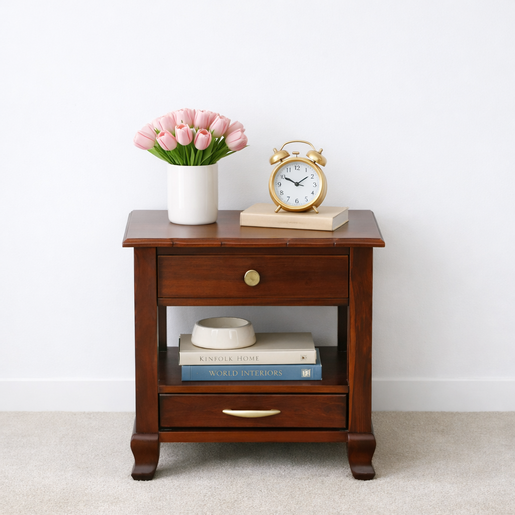 classic-wood-6-6.webp Troven Teak Wood Nightstand in Pale Flint Finish with Cabinet - Image 1