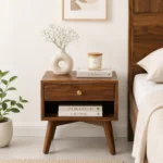 Grevolk Acacia Wood Nightstand in Aged Pumice Finish with Door