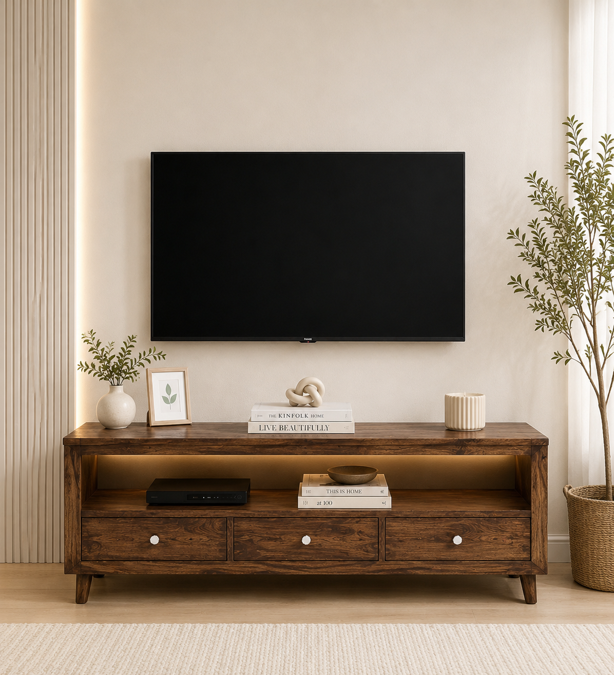 Woodmira-Mango-Wood-TV-Unit-with-2-Cabinets-and-Open-Display-Shelf-classic-wood-1.png Woodmira Mango Wood TV Unit with 2 Cabinets and Open Display Shelf - Image 1