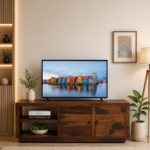 Caswell Engineered Wood TV Unit with Side Cabinets and Mesh Door in Walnut
