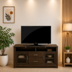 Luxora Solid Teak Wood TV Unit with Brass Inlay Handles in Dark Mahogany