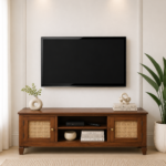 Pebblex Solid Acacia Wood TV Unit with Stone Texture Base in Pebble Grey