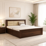 Lyren Sheesham Solid Wood King Size Bed With Box Storage in Antique Oak Finish