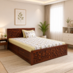 Orwyn Sheesham Wood King Size Bed With Box Storage in Distressed Natural Finish