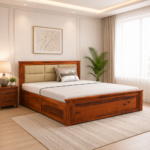 Falen Mango Solid Wood Double Bed With Hydraulic Storage in Honey Teak Finish