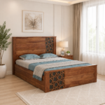 Jorwin Sheesham Solid Wood Queen Size Hydraulic Storage Bed in Light Oak Finish