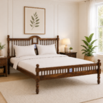 Craldric Acacia Solid Wood Queen Size Bed Without Storage in Peanut Teak Finish