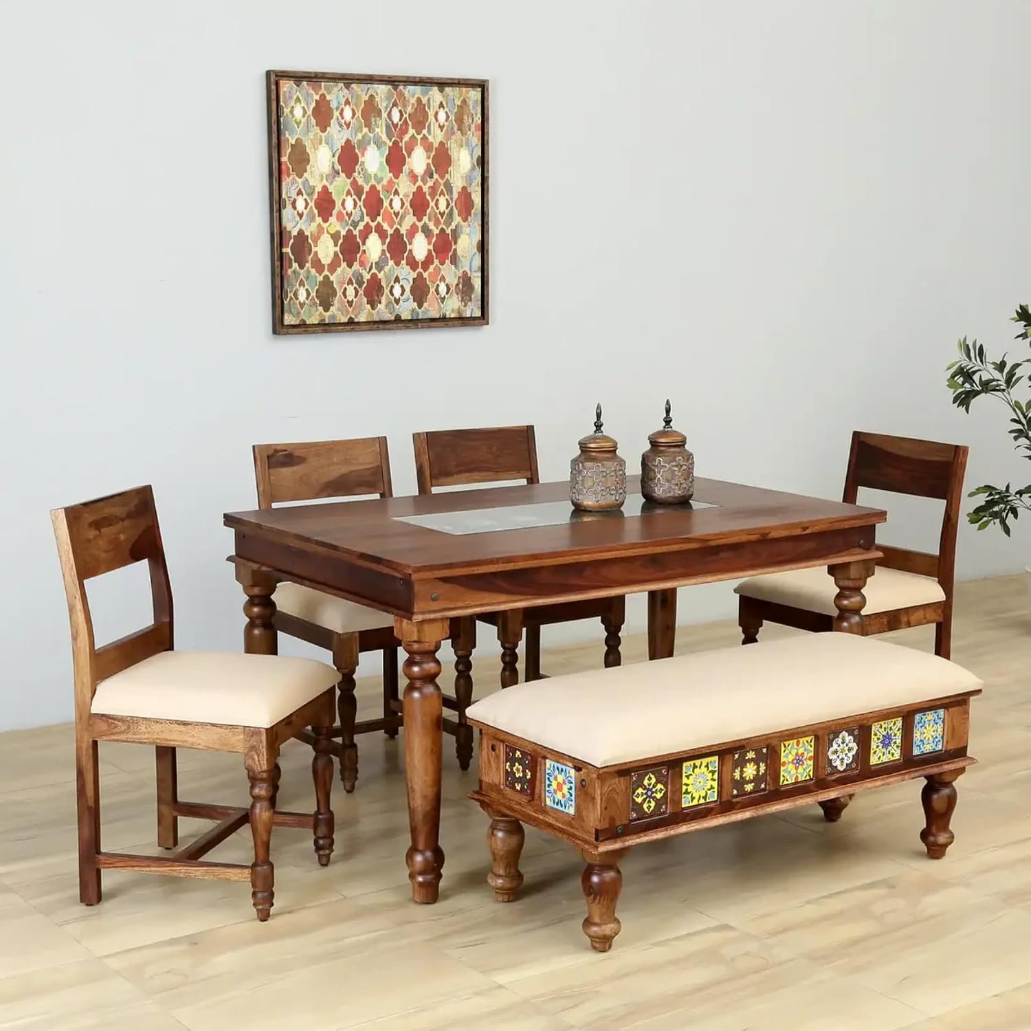 Classic-Wood-Tile-Solid-Sheesham-Wood-6-Seater-Dining-Table-Set-with-Cushioned-Bench-Chairs-Premium-Handcrafted-Wooden-Dining-Furniture-8.jpg Furniture Tile Solid Sheesham Wood 6 Seater Dining Table Set with Cushioned Bench & Chairs | Premium Handcrafted Wooden Dining Furniture - Image 1
