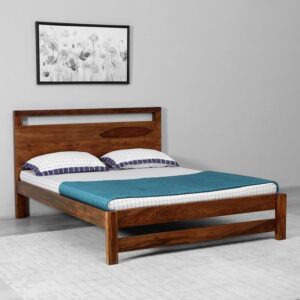 Wooden Galaxy Solid Sheesham Wood Queen Bed with Slatted Headboard – Honey Brown