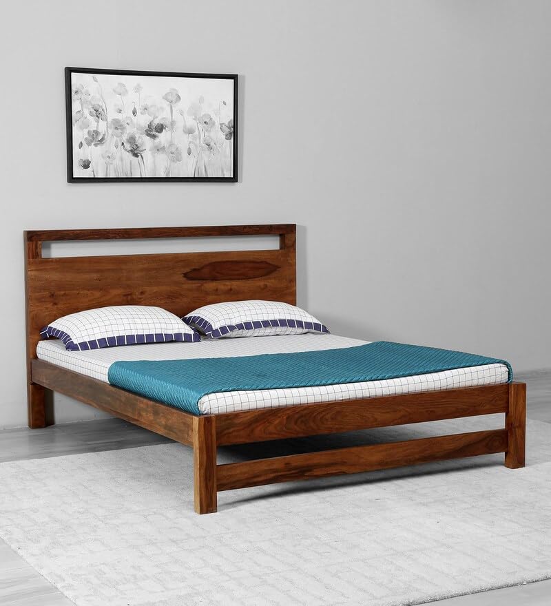 51LZmLqLifL-1.jpg Wooden Galaxy Solid Sheesham Wood Queen Bed with Slatted Headboard – Honey Brown - Image 1