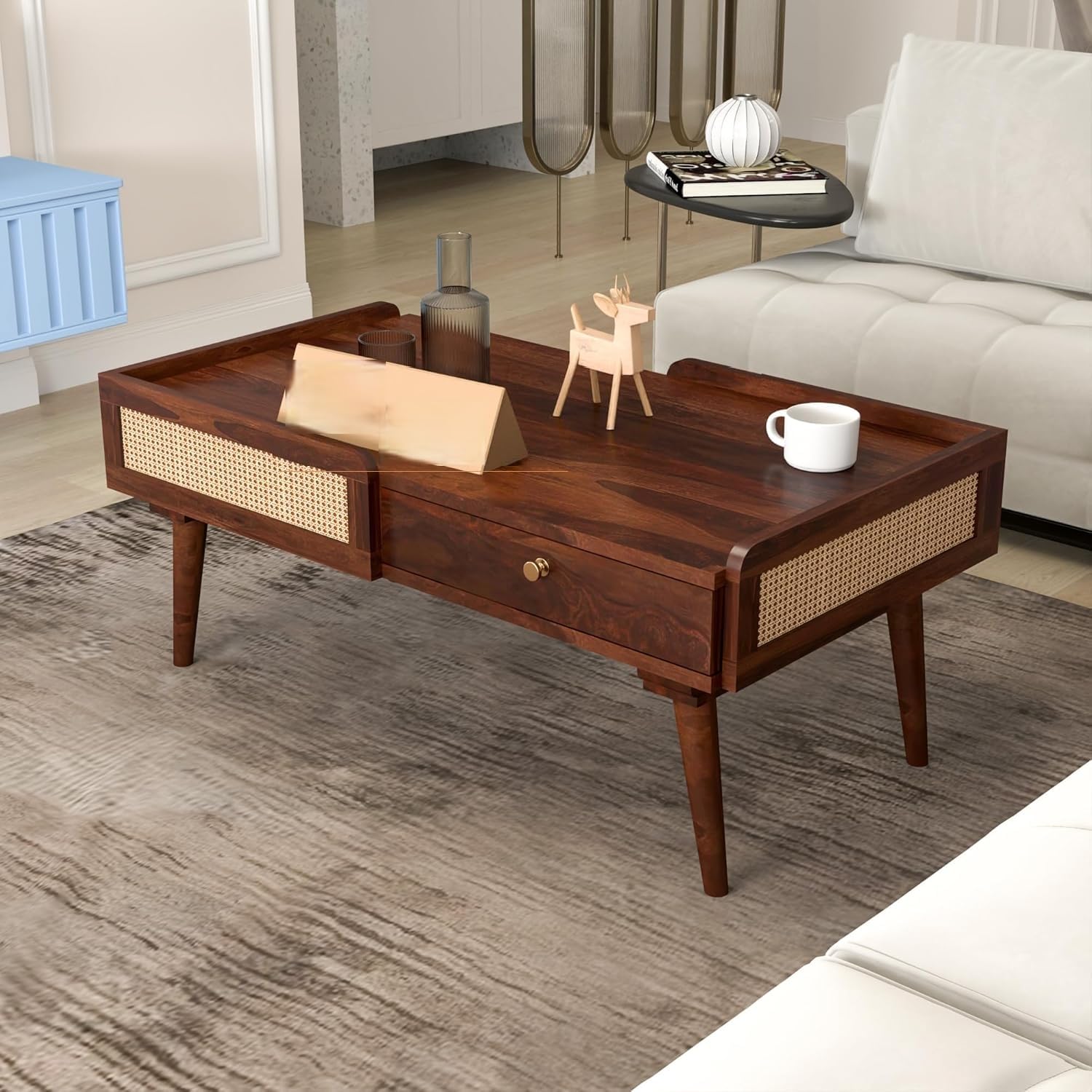 71YG6Ur8UL-1.jpg Wooden Galaxy Solid Sheesham Wood Bohemian Coffee Table with 2 Drawers - Image 1