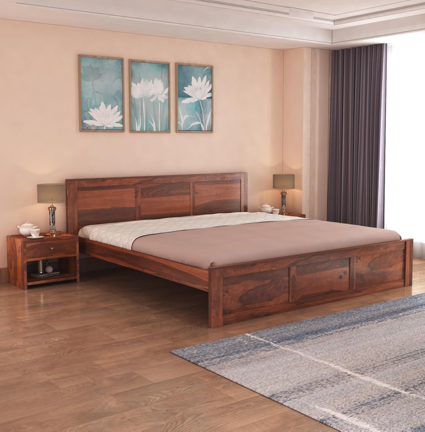 71vT799HfUL-1.jpg Wooden Galaxy Solid Sheesham Wood King Size Bed – Honey Brown Finish - Image 1