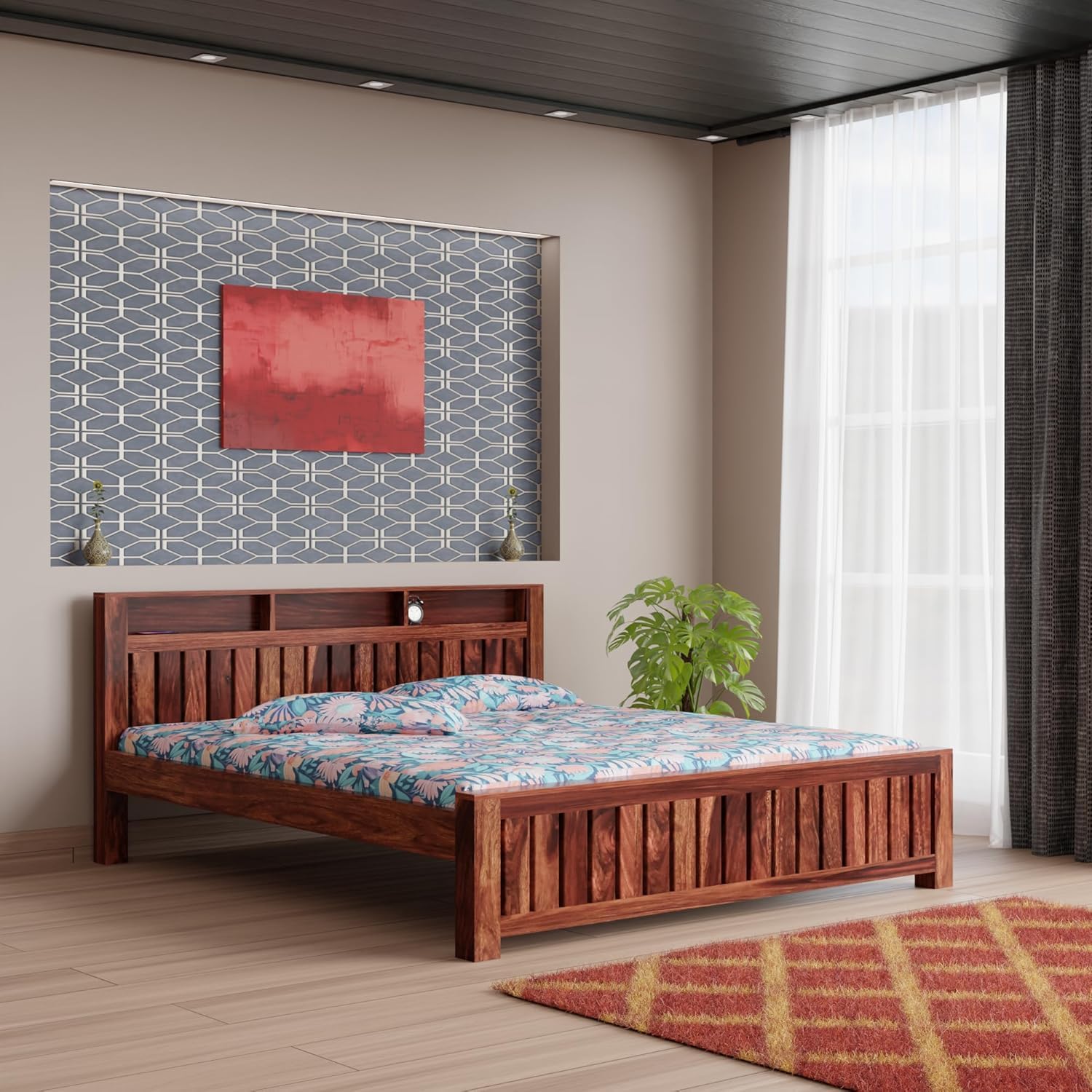 71svOP7s2sL-1.jpg Wooden Galaxy Solid Sheesham Wood King Size Bed – Honey Finish - Image 1