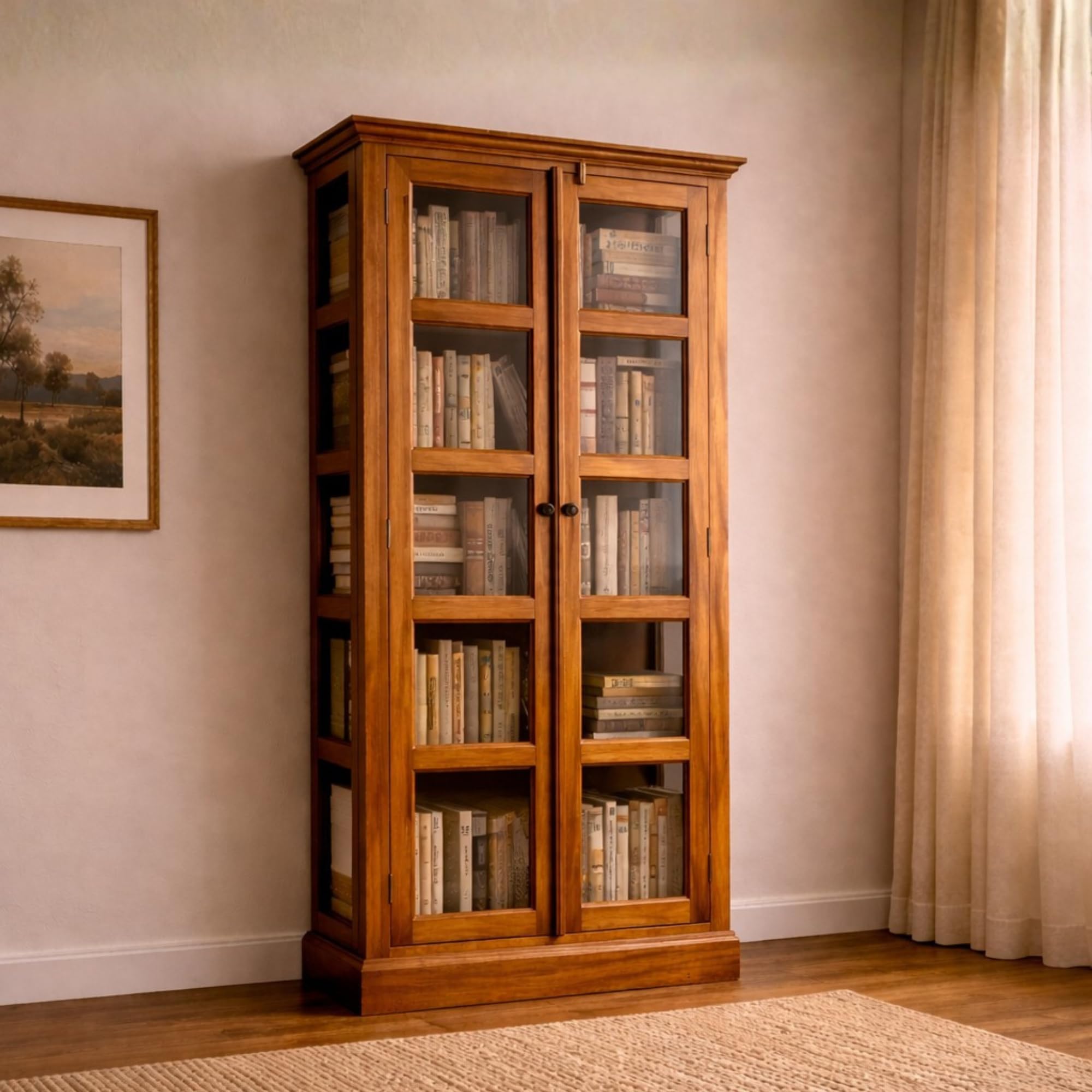 71nGOAFsaeL-1.jpg Wooden Galaxy Solid Sheesham Wood Bookshelf – Honey With Side Glass Finish - Image 1