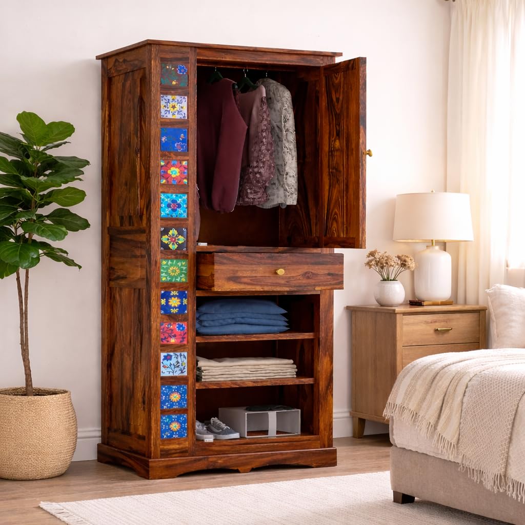 61RE2nJbHQL-1.jpg Wooden Galaxy Solid Sheesham Wood Wardrobe with 4 Shelf (Style 01) - Image 1