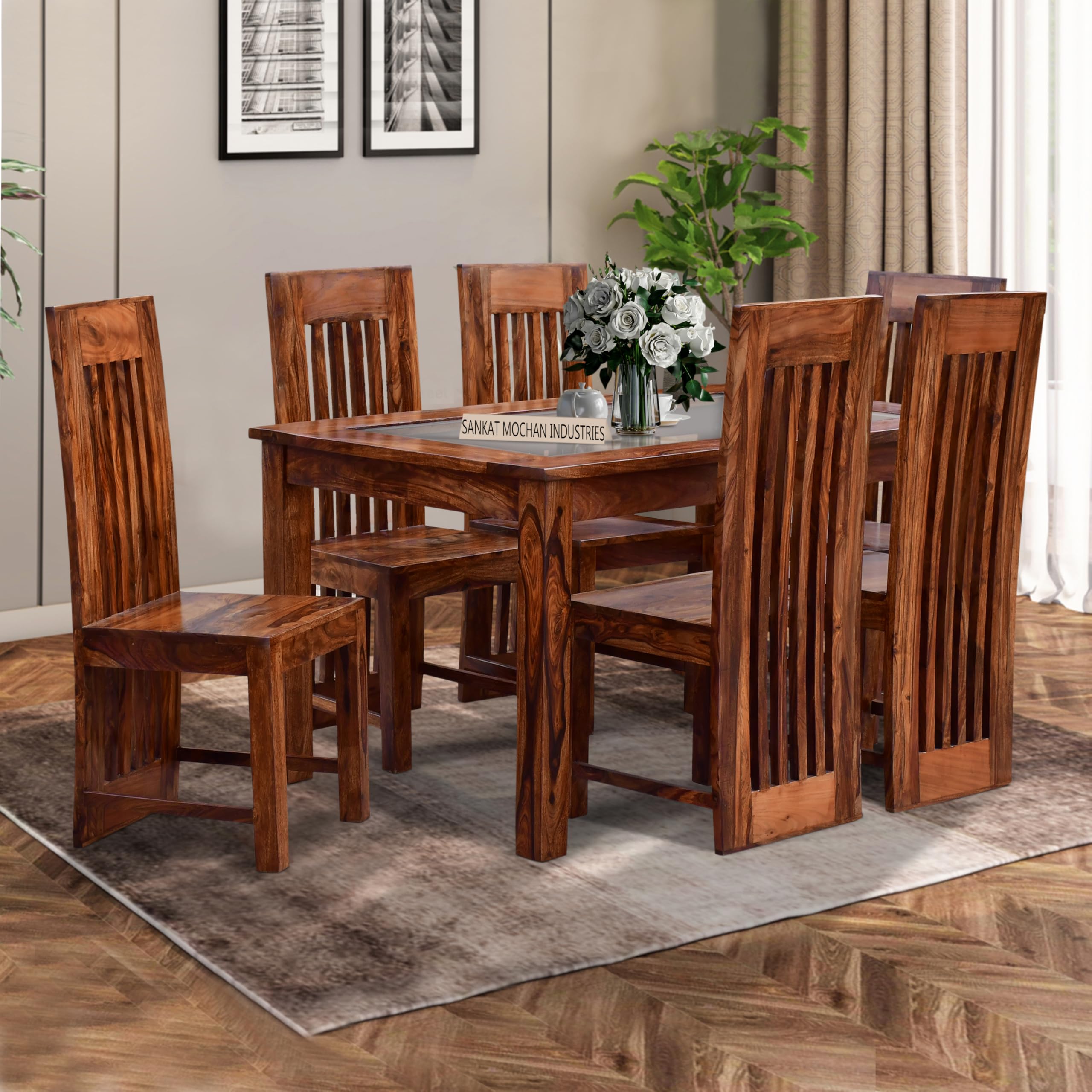910-zg58syL-1.jpg Wooden Galaxy Solid Sheesham Wood Dining Table Set with 6 Seater – Brown Finish - Image 1