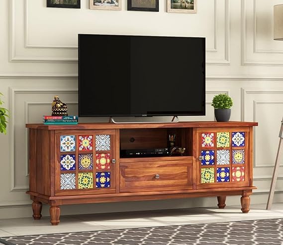 518txr3ssoL-1.jpg Wooden Galaxy Solid Sheesham Wood TV Unit with 2 Door – Honey Finish - Image 1