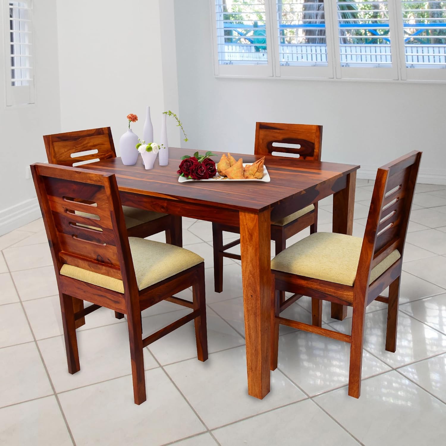 71fvPMxyW2L-1.jpg Wooden Galaxy Solid Sheesham Wood Dining Table Set with 5 Piece (Design 06) - Image 1