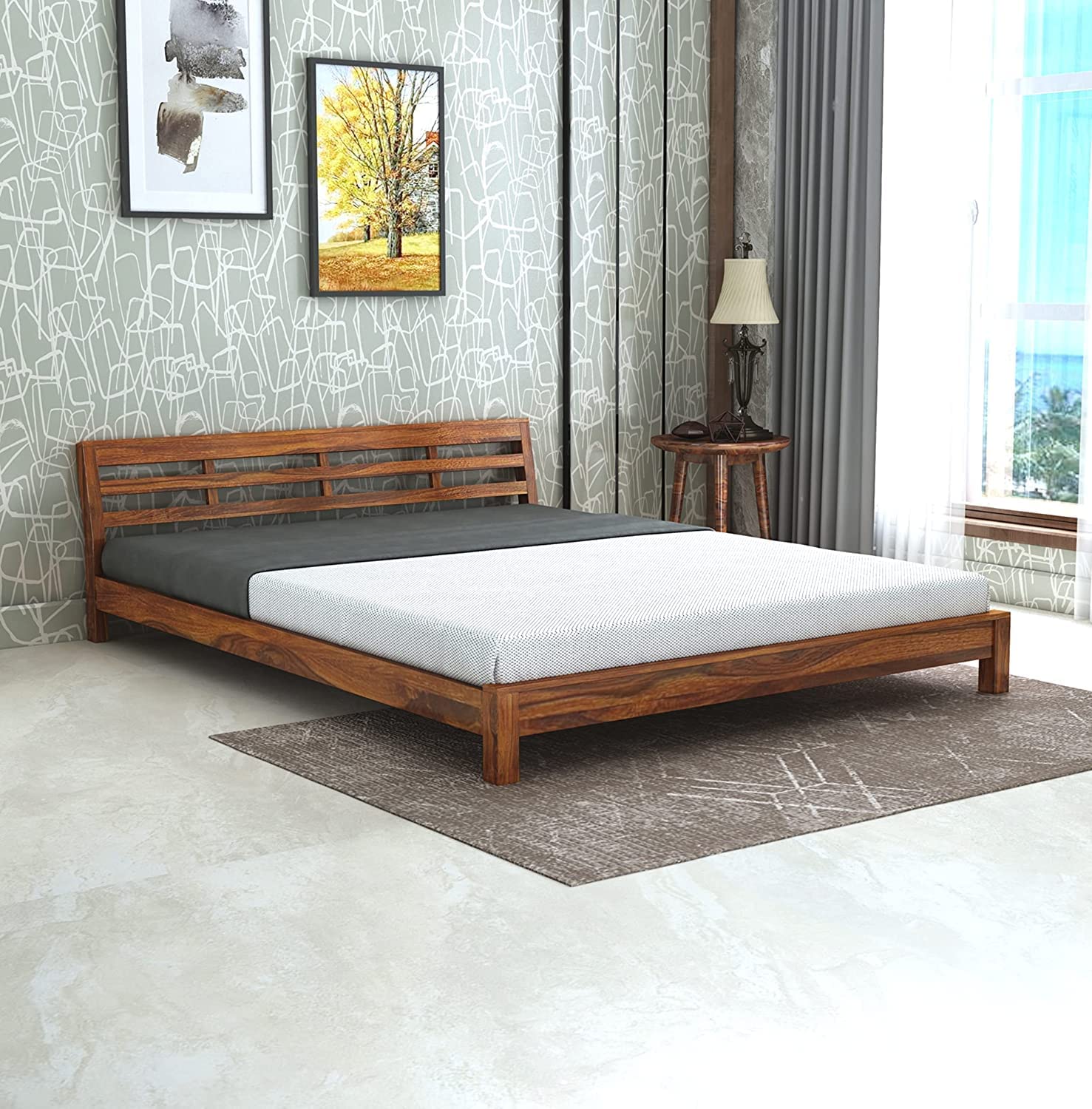81M7IfI9JVL-1.jpg Wooden Galaxy Solid Sheesham Wood King Size Bed – Honey Brown Finish - Image 1