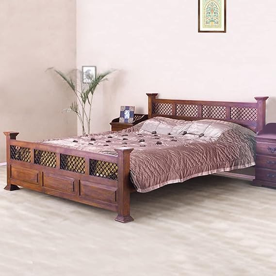 51Ns5s4BCSL-1.jpg Wooden Galaxy Solid Sheesham Wood King Size Bed – Honey Finish - Image 1