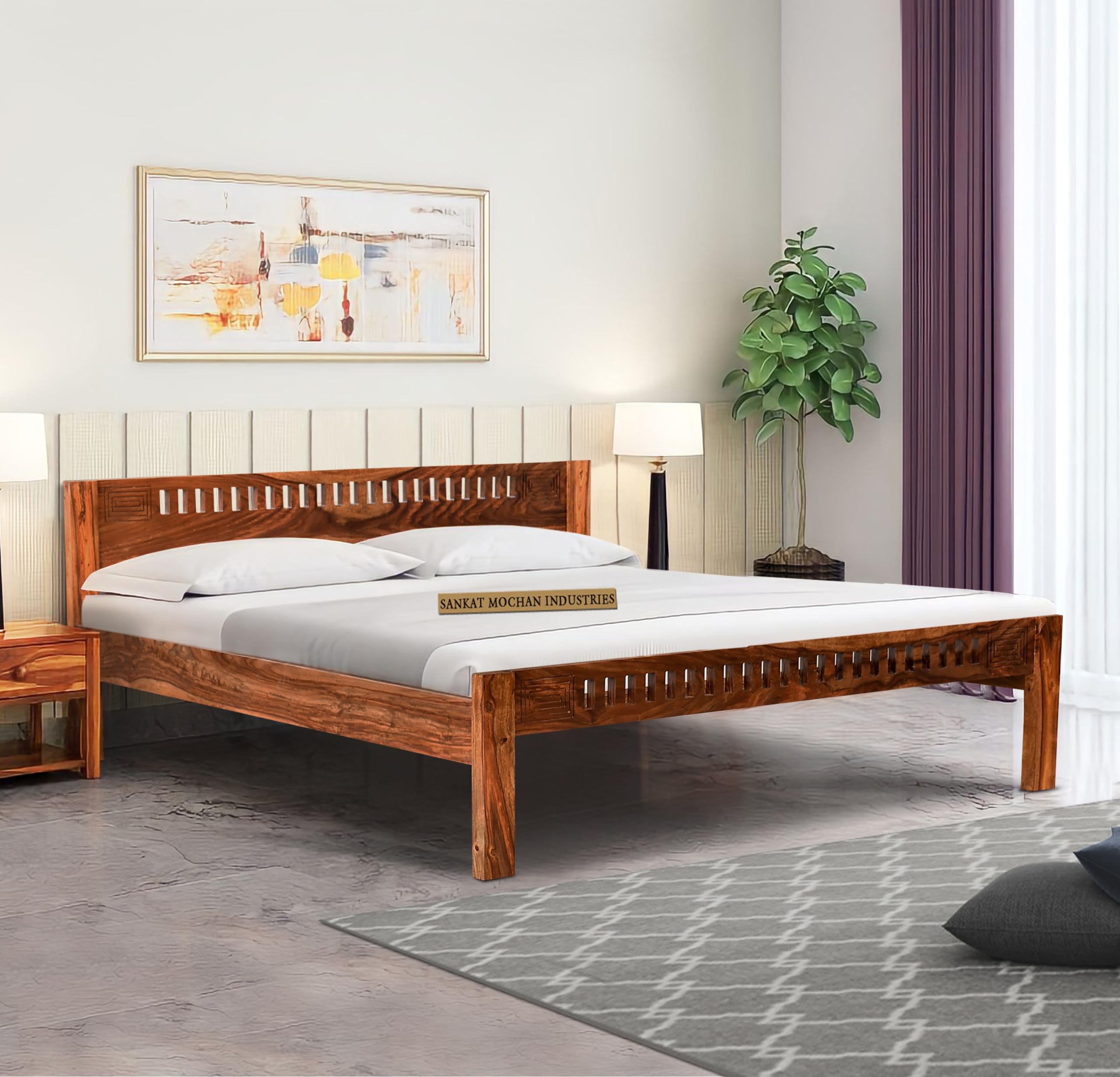 8183uLJg0L-1.jpg Wooden Galaxy Solid Sheesham Wood King Size Bed – Honey Brown Finish - Image 1