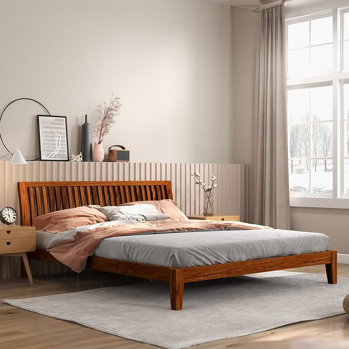 71VzUs8twjL-1.jpg Wooden Galaxy Solid Sheesham Wood King Size Bed – Honey Brown Finish - Image 1