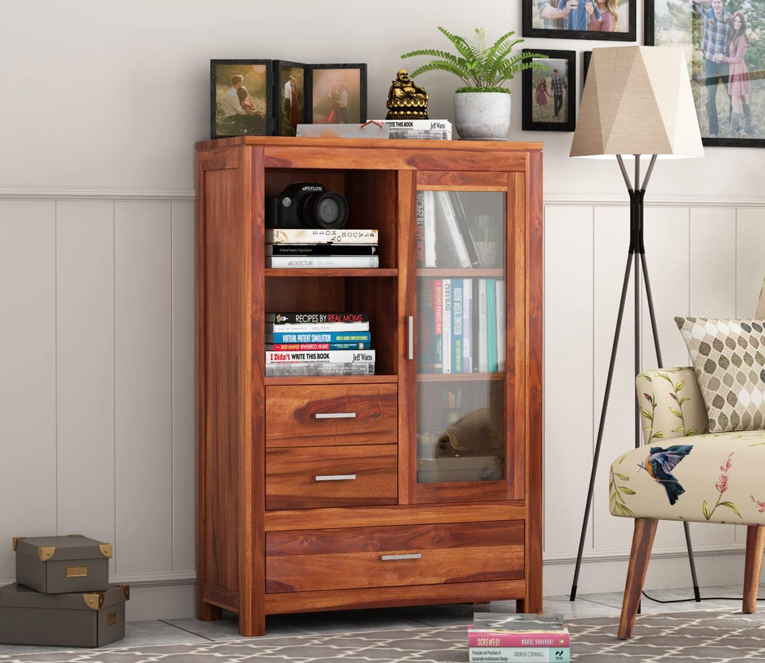 711zsMoMjqL-1.jpg Wooden Galaxy Solid Sheesham Wood Bookshelf with 3 Door – Toy Honey Finish - Image 1
